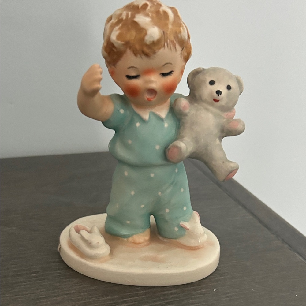 Goebel Child Figurine in Teal Pajamas with Cream Bear